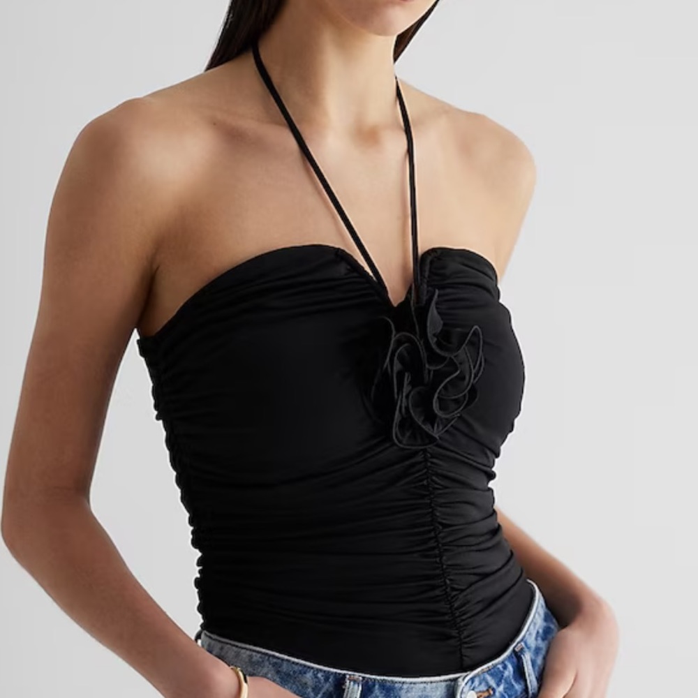 NWT Express Body Contour Compression Halter Rosette Bodysuit in Pitch Black